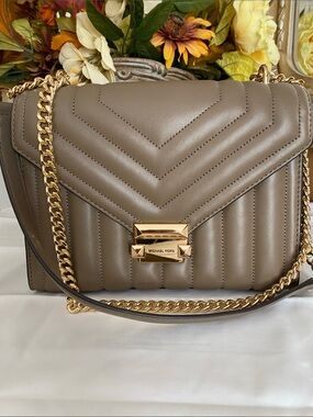 Michael Kors Taupe Quilted Chevron Crossbody with Gold Hardware, EUC
